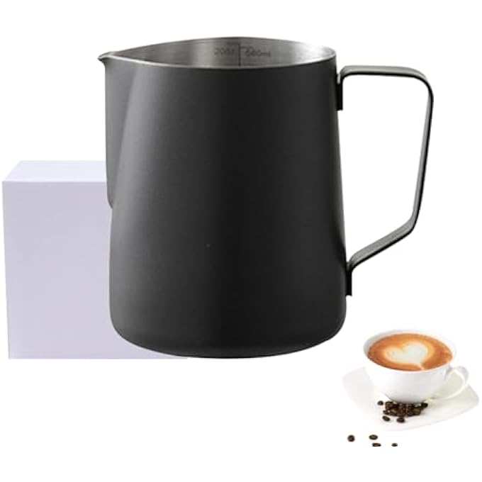 Beauenty Milk Frothing Pitcher 304 Stainless Steel With Teflon Coating Laser Measurement Scale And Extended Nozzle  Ideal For Latte Art Espresso Steaming And Caf Use 600Ml Black  Tip - Image 1