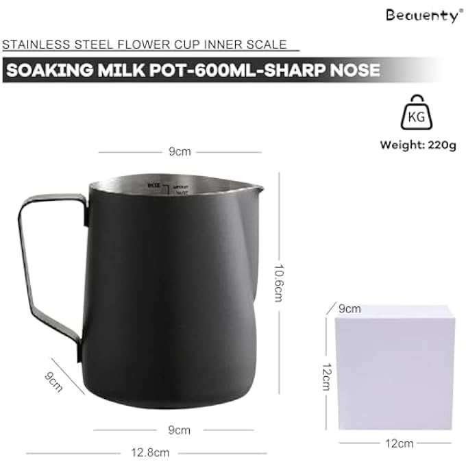 Beauenty Milk Frothing Pitcher 304 Stainless Steel With Teflon Coating Laser Measurement Scale And Extended Nozzle  Ideal For Latte Art Espresso Steaming And Caf Use 600Ml Black  Tip - Image 2