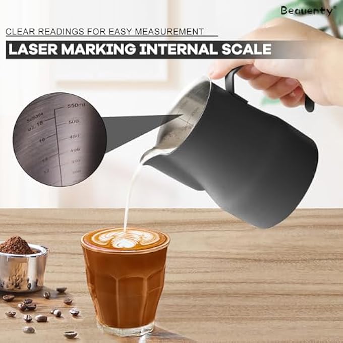 Beauenty Milk Frothing Pitcher 304 Stainless Steel With Teflon Coating Laser Measurement Scale And Extended Nozzle  Ideal For Latte Art Espresso Steaming And Caf Use 600Ml Black  Tip - Image 3