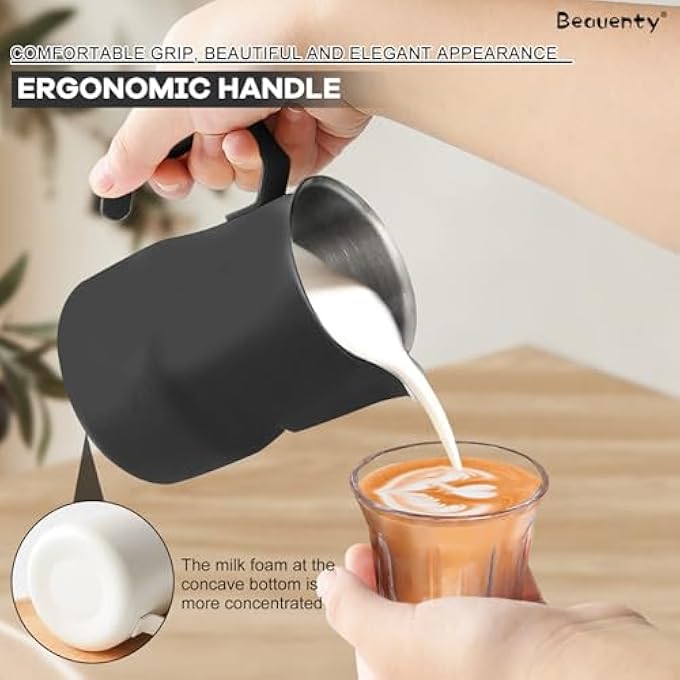 Beauenty Milk Frothing Pitcher 304 Stainless Steel With Teflon Coating Laser Measurement Scale And Extended Nozzle  Ideal For Latte Art Espresso Steaming And Caf Use 600Ml Black  Tip - Image 4
