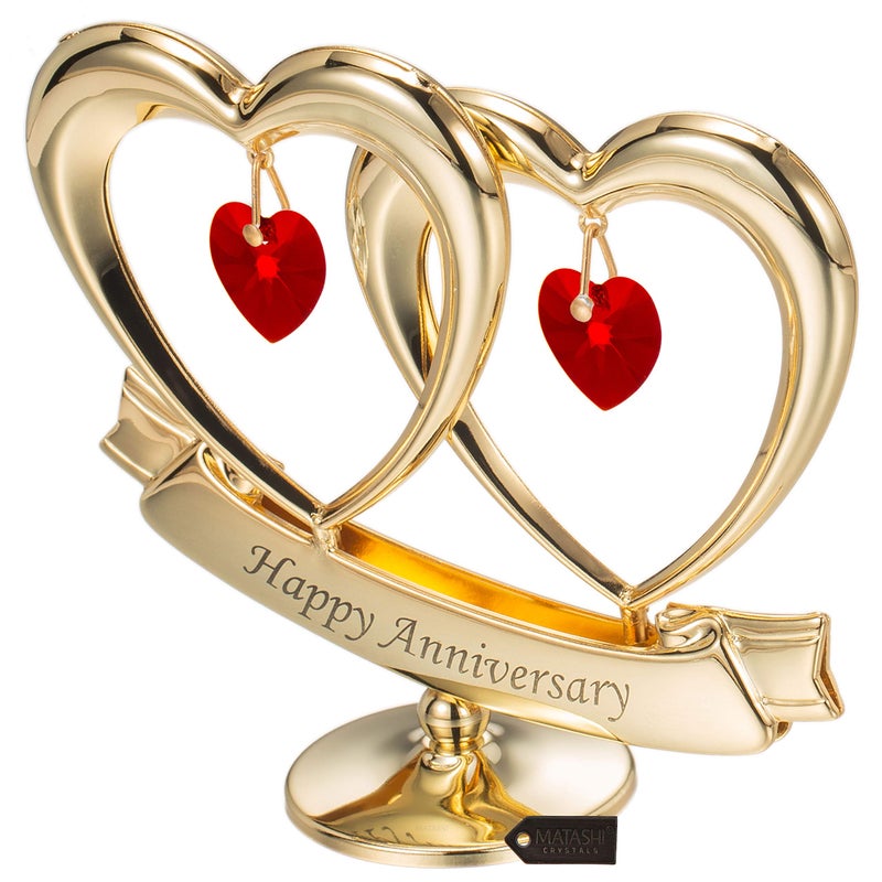 matashi Matashi Mother's Gift - 24K Gold Plated ""Happy Anniversary"" Inscribed Double Heart Table Top Ornament w/Red Crystals - Wedding Anniversary Giftss for Her - Cake Topper & Gift for Mom - Image 3