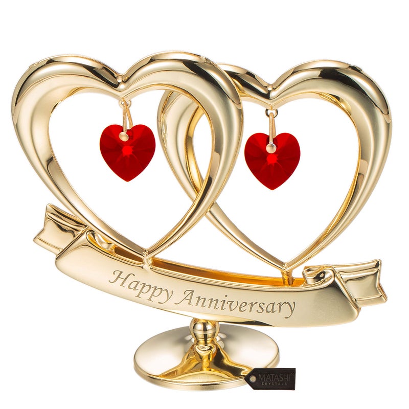 matashi Matashi Mother's Gift - 24K Gold Plated ""Happy Anniversary"" Inscribed Double Heart Table Top Ornament w/Red Crystals - Wedding Anniversary Giftss for Her - Cake Topper & Gift for Mom - Image 2