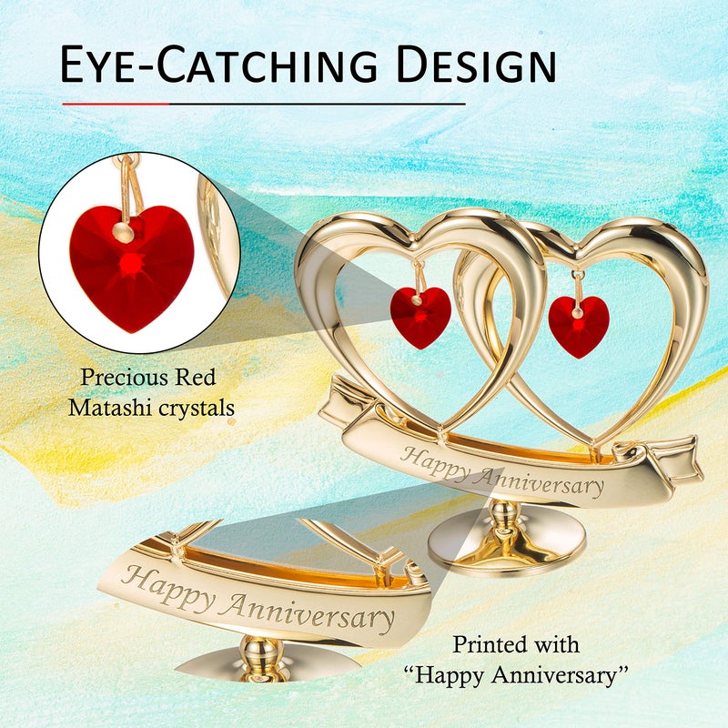 matashi Matashi Mother's Gift - 24K Gold Plated ""Happy Anniversary"" Inscribed Double Heart Table Top Ornament w/Red Crystals - Wedding Anniversary Giftss for Her - Cake Topper & Gift for Mom - Image 5