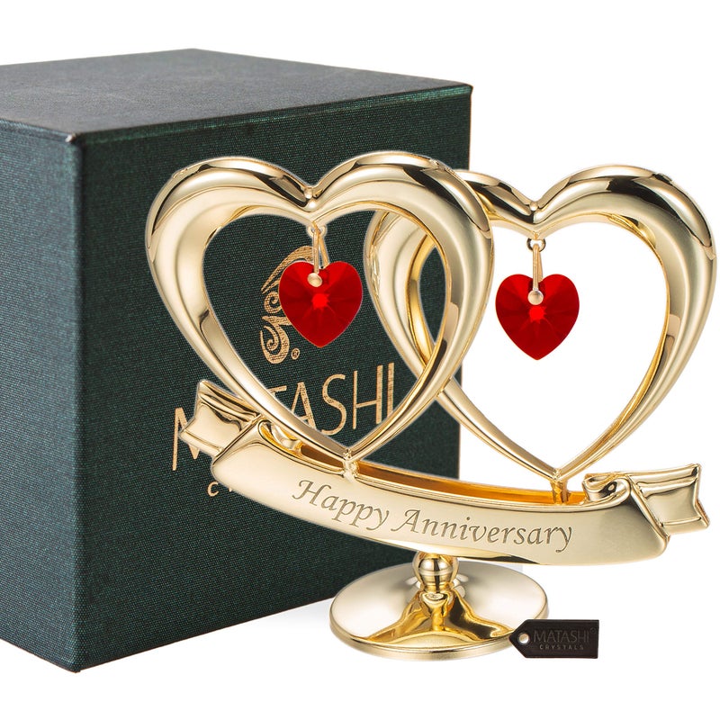 matashi Matashi Mother's Gift - 24K Gold Plated ""Happy Anniversary"" Inscribed Double Heart Table Top Ornament w/Red Crystals - Wedding Anniversary Giftss for Her - Cake Topper & Gift for Mom - Image 1