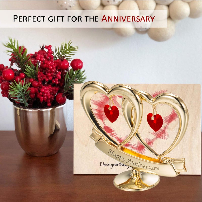 matashi Matashi Mother's Gift - 24K Gold Plated ""Happy Anniversary"" Inscribed Double Heart Table Top Ornament w/Red Crystals - Wedding Anniversary Giftss for Her - Cake Topper & Gift for Mom - Image 4