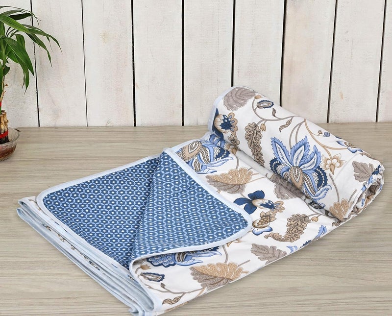 EasyGoods Premium Pure Cotton Jaipuri Dohar Double Bed King Size SkinFriendly Printed Blanket AC Blanket Comforter 84 x 88 inch Floral Blue
