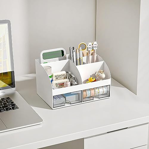 HOME CUBE Desk Organizer with Drawer Desktop Office Stationery Storage Box Desk Accessories Mobile Holder Table Organiser Study Table Office Table Desk Organizer (White, Plastic) - Image 4