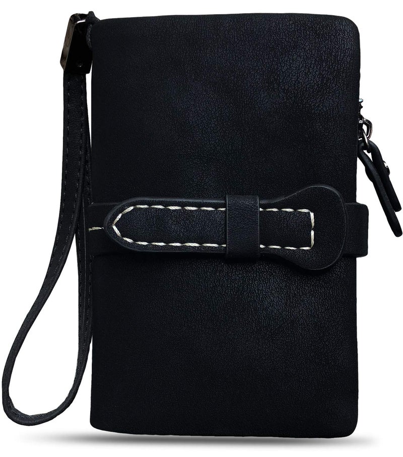 AOXONEL Women's Small Bifold Leather wallet Rfid blocking Ladies Wristlet with Card holder id window Coin Purse (Black3) - Image 2