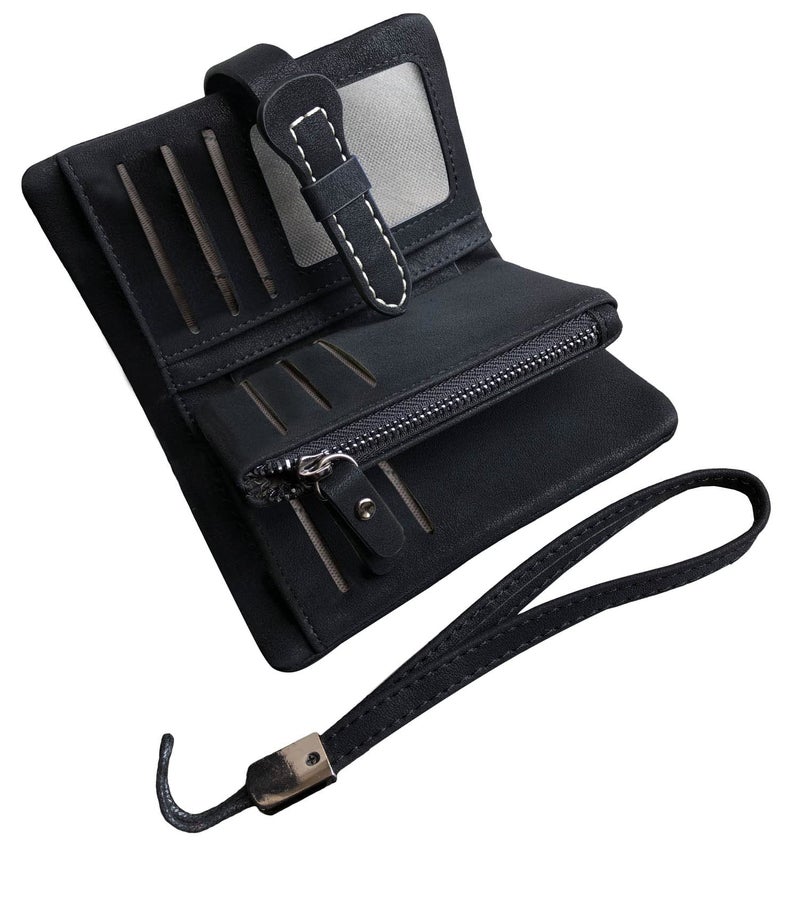 AOXONEL Women's Small Bifold Leather wallet Rfid blocking Ladies Wristlet with Card holder id window Coin Purse (Black3) - Image 1