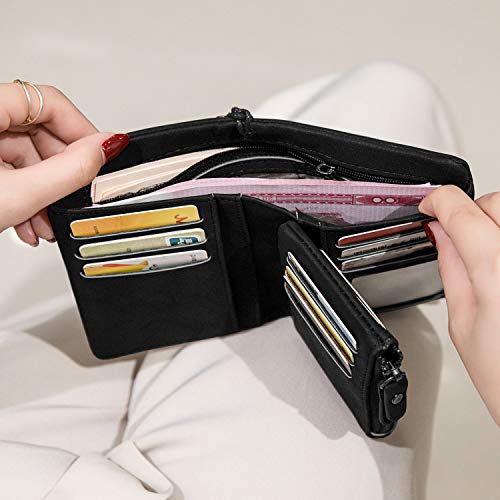 AOXONEL Women's Small Bifold Leather wallet Rfid blocking Ladies Wristlet with Card holder id window Coin Purse (Black3) - Image 5