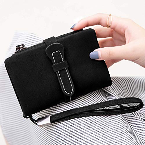 AOXONEL Women's Small Bifold Leather wallet Rfid blocking Ladies Wristlet with Card holder id window Coin Purse (Black3) - Image 4