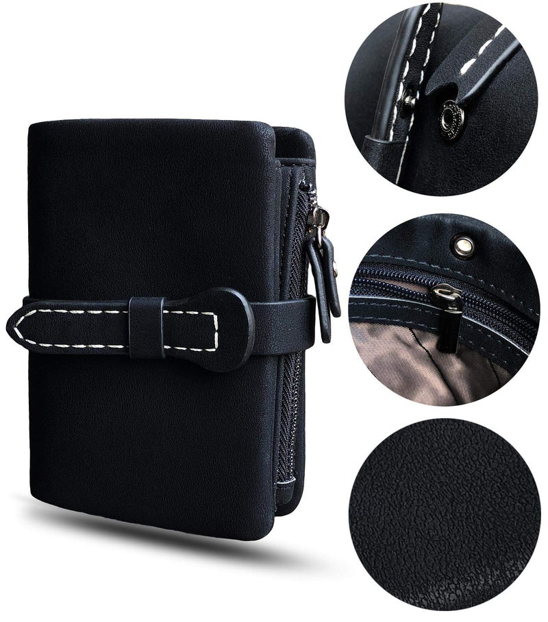 AOXONEL Women's Small Bifold Leather wallet Rfid blocking Ladies Wristlet with Card holder id window Coin Purse (Black3) - Image 3
