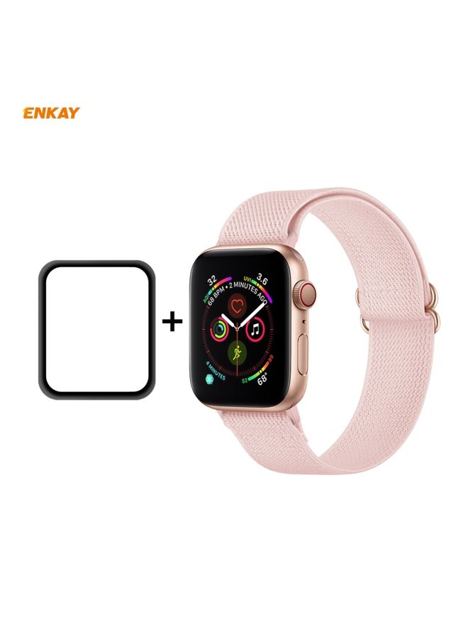 Replacement Strap For Apple Watch Series 6 / 5 / 4 / SE 44mm Hat-Prince ENKAY 2 in 1 Adjustable Flexible Polyester Watch Band + Full Screen Full Glue PMMA Curved HD Screen Protector Light Pink