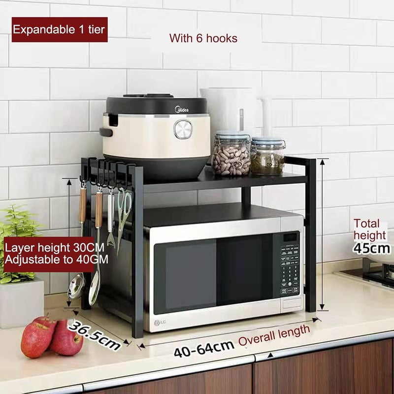 Jorunb Double Rack Oven Microwave Oven Rack Stand Toaster Rack Shelf Expandable Kitchen Counter Top Organizer Adjustable Height Length Heavy Large Capacity Stand with 6 Hook 25Kg/55 lbs Weight(1 Tire) - Image 2