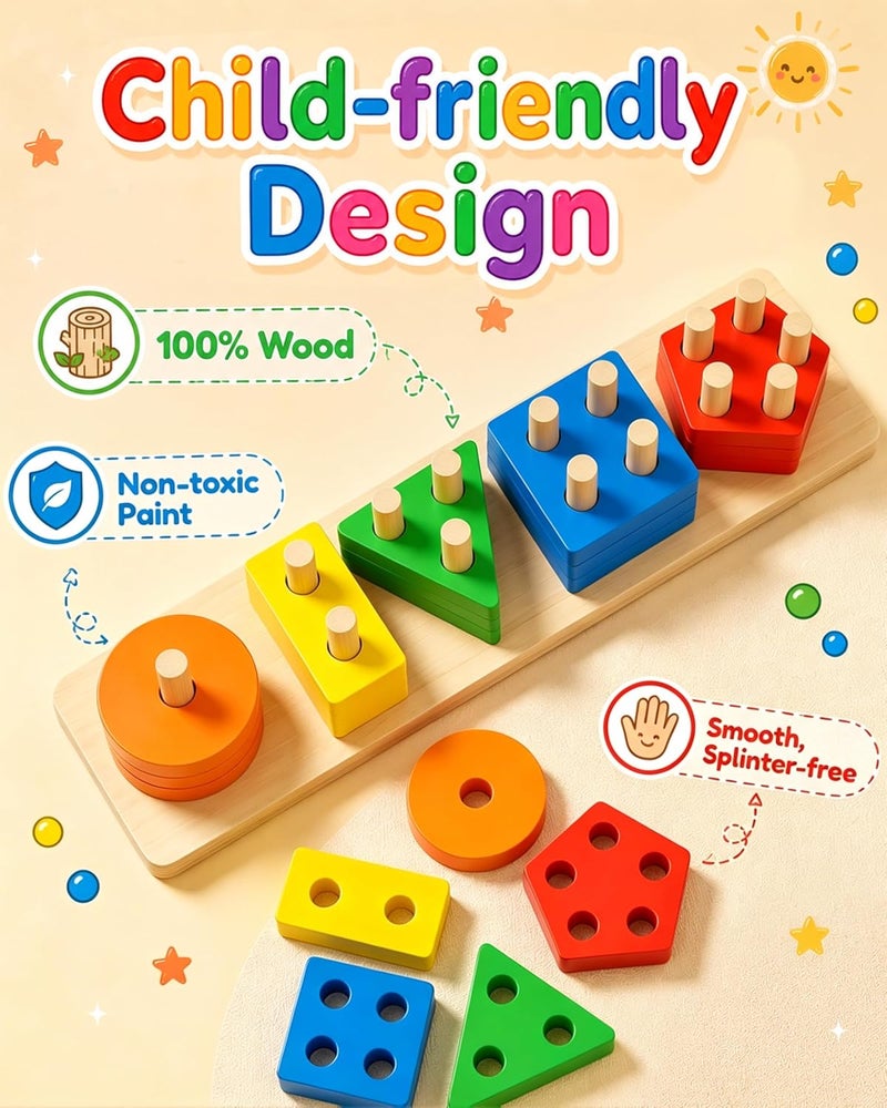 PEBIRA Montessori Toys for 1 to 3-Year-Old Boys Girls Toddlers, Wooden Sorting & Stacking Toys for Toddlers and Kids Preschool, Educational Toys, Color Recognition Stacker Shape Sorter, Learning Puzzles  Gift - Image 2