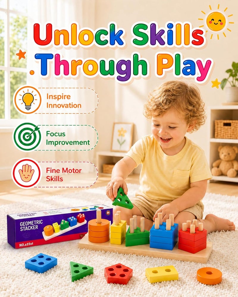 PEBIRA Montessori Toys for 1 to 3-Year-Old Boys Girls Toddlers, Wooden Sorting & Stacking Toys for Toddlers and Kids Preschool, Educational Toys, Color Recognition Stacker Shape Sorter, Learning Puzzles  Gift - Image 5