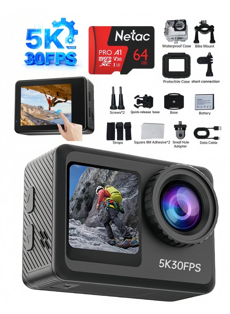 Daxiongmao 5K 30fps Sports Camera, 64MP Waterproof Action Camera with Dual Screens, EIS Stabilization, 130° Wide Angle, 30m Waterproof for Outdoor Adventures - Image 1