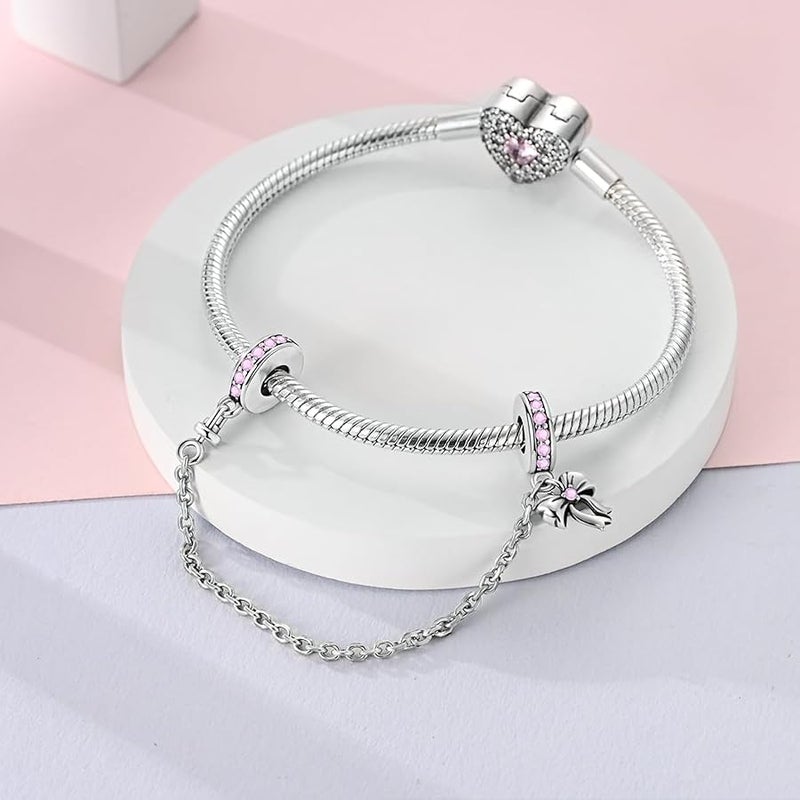 Hapour 925 Sterling Silver Safety Chain Charm Dangle Pendants Clip Beads for Bracelet Bow Knot Love Butterfly Sunflower Stopper Spacer Charm for Women - Image 2