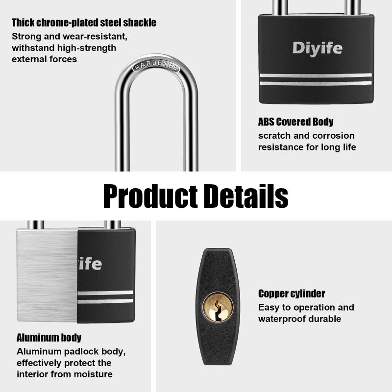Diyife Padlock with Key, [2 Pack] [Waterproof] Lock with Key, Long Shackle Padlocks for Outdoor Anti-Rust, Small Covered Aluminum Padlock with 4 Alike Keys for Gym Locker, Fence, Shed - Image 4
