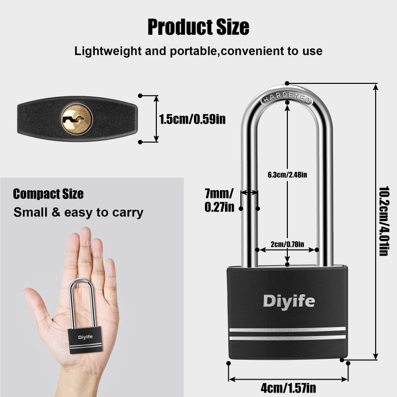 Diyife Padlock with Key, [2 Pack] [Waterproof] Lock with Key, Long Shackle Padlocks for Outdoor Anti-Rust, Small Covered Aluminum Padlock with 4 Alike Keys for Gym Locker, Fence, Shed - Image 2