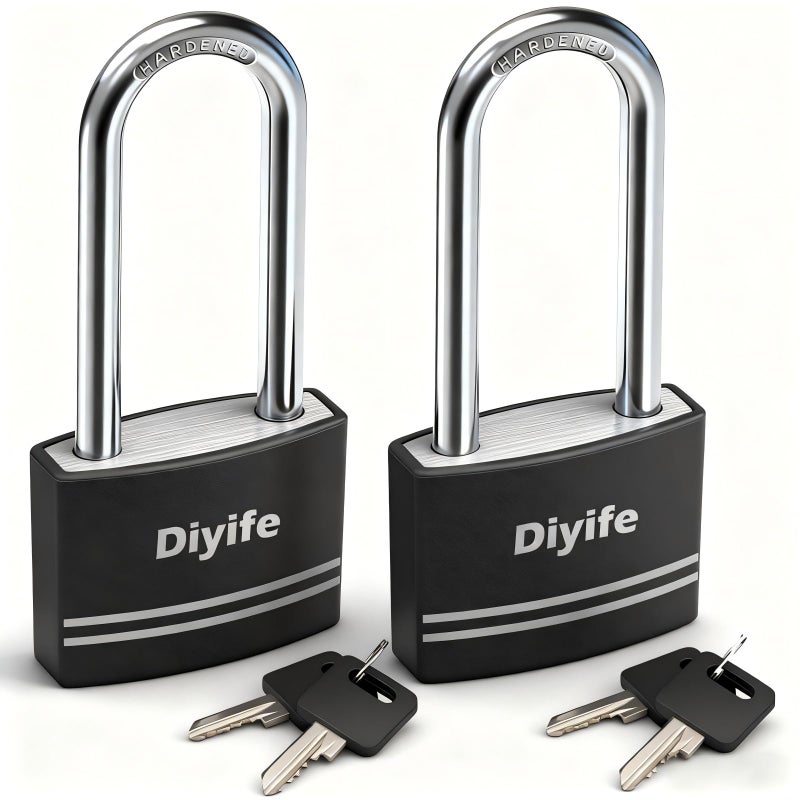 Diyife Padlock with Key, [2 Pack] [Waterproof] Lock with Key, Long Shackle Padlocks for Outdoor Anti-Rust, Small Covered Aluminum Padlock with 4 Alike Keys for Gym Locker, Fence, Shed - Image 1