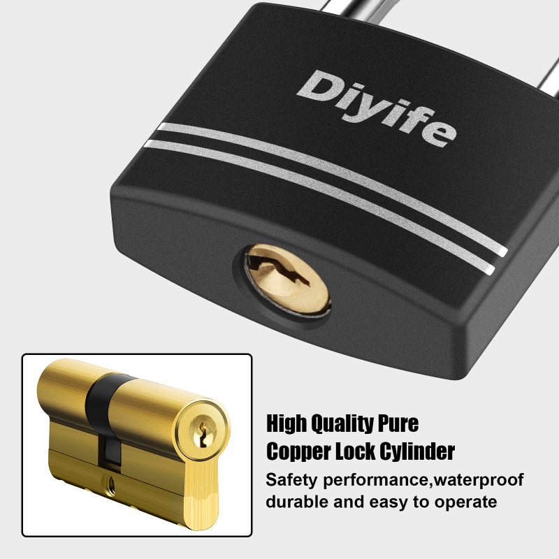 Diyife Padlock with Key, [2 Pack] [Waterproof] Lock with Key, Long Shackle Padlocks for Outdoor Anti-Rust, Small Covered Aluminum Padlock with 4 Alike Keys for Gym Locker, Fence, Shed - Image 3