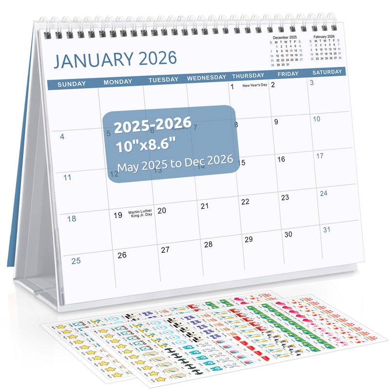 SKYDUE Desk Calendar 2025-2026, Jul 2025 to Dec 2026, 18 Months Small Desk Calendar with Planner Stickers, 10" x 8" Desktop Calendar Planner Standing Flip, Blue - Image 1