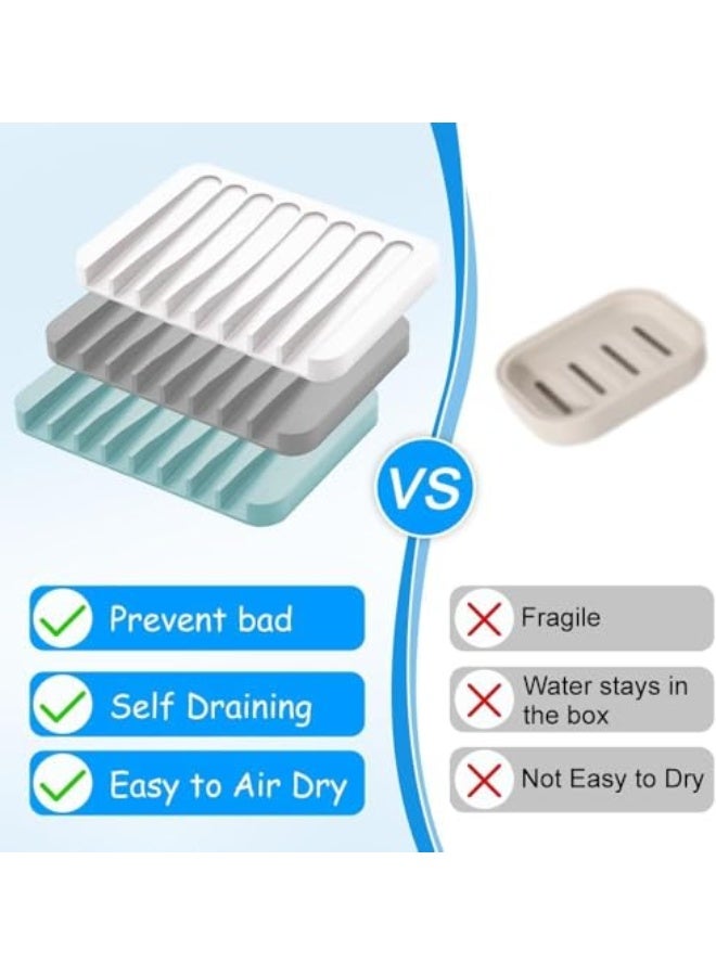 ALMEKAQUZ Self Draining Soap Dishes, 3 Pcs Silicone Soap Saver, Waterfall Drainer Soap Holder for Bathroom, Extend Soap Life, Keep Soap Bars Dry Clean & Easy Cleaning (White, Gray, Teal)  - Image 3