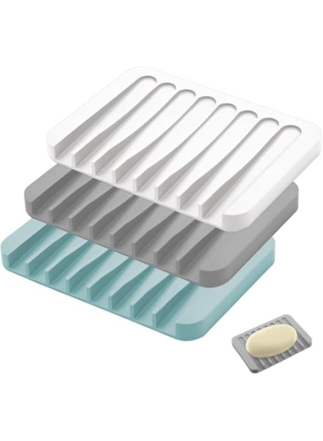 ALMEKAQUZ Self Draining Soap Dishes, 3 Pcs Silicone Soap Saver, Waterfall Drainer Soap Holder for Bathroom, Extend Soap Life, Keep Soap Bars Dry Clean & Easy Cleaning (White, Gray, Teal)  - Image 1