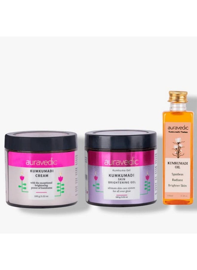 Auravedic - Kumkumadi Glowing Skin With Kumkumadi Tailam Kumkumadi Face Oil For Glowing Skin Kumkumadi Gel And Kumkumadi Face Cream 100 Ml 100G 100 G Pack Of 3 With Kumkumadi Oil Kumkumadi Thailam For Face - Image 1
