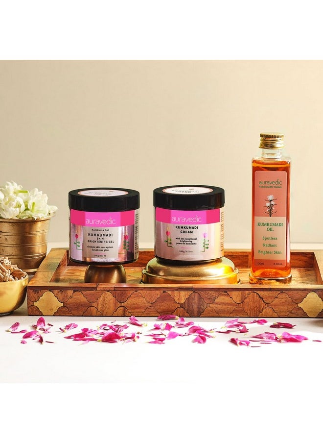 Auravedic - Kumkumadi Glowing Skin With Kumkumadi Tailam Kumkumadi Face Oil For Glowing Skin Kumkumadi Gel And Kumkumadi Face Cream 100 Ml 100G 100 G Pack Of 3 With Kumkumadi Oil Kumkumadi Thailam For Face - Image 1