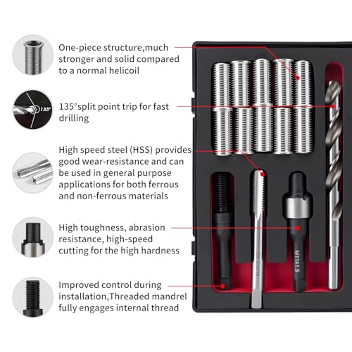 SENNMONN M11X1.5 Metric Thread Repair Kit with Insert HSS Drill, Tap, Counterbore, Installation Driver, 10PCS Stainless Steel Insert M11X1.5X30MM - Image 4