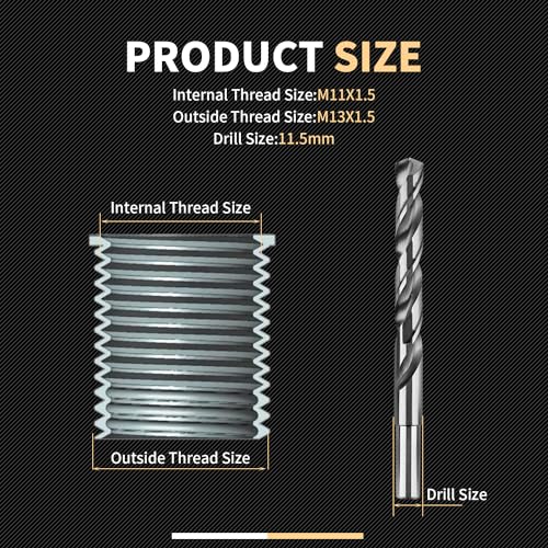 SENNMONN M11X1.5 Metric Thread Repair Kit with Insert HSS Drill, Tap, Counterbore, Installation Driver, 10PCS Stainless Steel Insert M11X1.5X30MM - Image 3