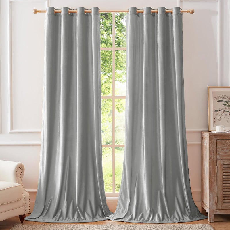 BULBUL Light Grey Velvet Curtains 84 inches Luxury Elegant Living Room Curtain Modern Light Filtering Thermal Insulated Soundproof Privacy Room Darkening Drapes for Classical Bedroom Set of 2 - Image 1