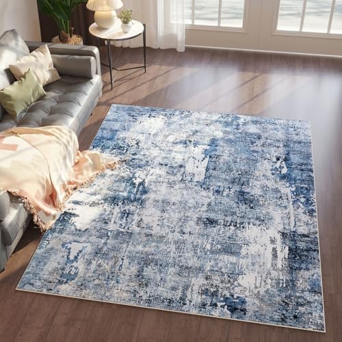Rugcomf 4x6 Rug Washable Boho Soft Area Rug Abstract Pattern NonSlip Faux Wool Vintage Rug for Living Room Bedroom Rug Farmhouse Dining Room Indoor Kids Playroom Blue