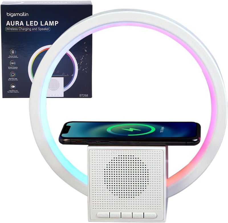 Bigsmall مصباح Bigsmall Aura: شاحن لاسلكي، سماعة بلوتوث ذكية مع إضاءة محيطة، ضوء ليلي بجانب السرير وآلة صوت – مصباح مكتبي أنيق وديكور منزلي لغرفة النوم والمعيشة (BT258) ضمان لمدة 6 أشهر - Image 1