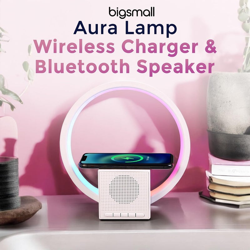 Bigsmall مصباح Bigsmall Aura: شاحن لاسلكي، سماعة بلوتوث ذكية مع إضاءة محيطة، ضوء ليلي بجانب السرير وآلة صوت – مصباح مكتبي أنيق وديكور منزلي لغرفة النوم والمعيشة (BT258) ضمان لمدة 6 أشهر - Image 3