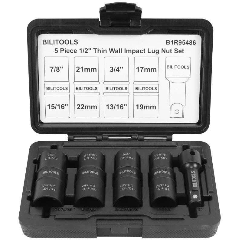 BILITOOLS Lug Nut Impact Socket Set, 1/2 inch Drive Flip Socket Set Metric 17-19 - 21-22 mm & SAE 3/4-13/16-7/8-15/16 inch, Cr-Mo Thin Wall Wheel Protector Nut Socket - Image 1