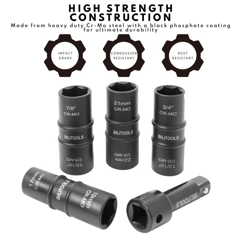BILITOOLS Lug Nut Impact Socket Set, 1/2 inch Drive Flip Socket Set Metric 17-19 - 21-22 mm & SAE 3/4-13/16-7/8-15/16 inch, Cr-Mo Thin Wall Wheel Protector Nut Socket - Image 4