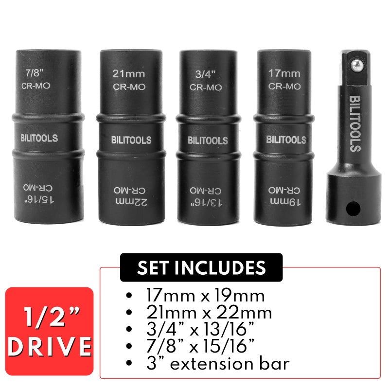 BILITOOLS Lug Nut Impact Socket Set, 1/2 inch Drive Flip Socket Set Metric 17-19 - 21-22 mm & SAE 3/4-13/16-7/8-15/16 inch, Cr-Mo Thin Wall Wheel Protector Nut Socket - Image 3