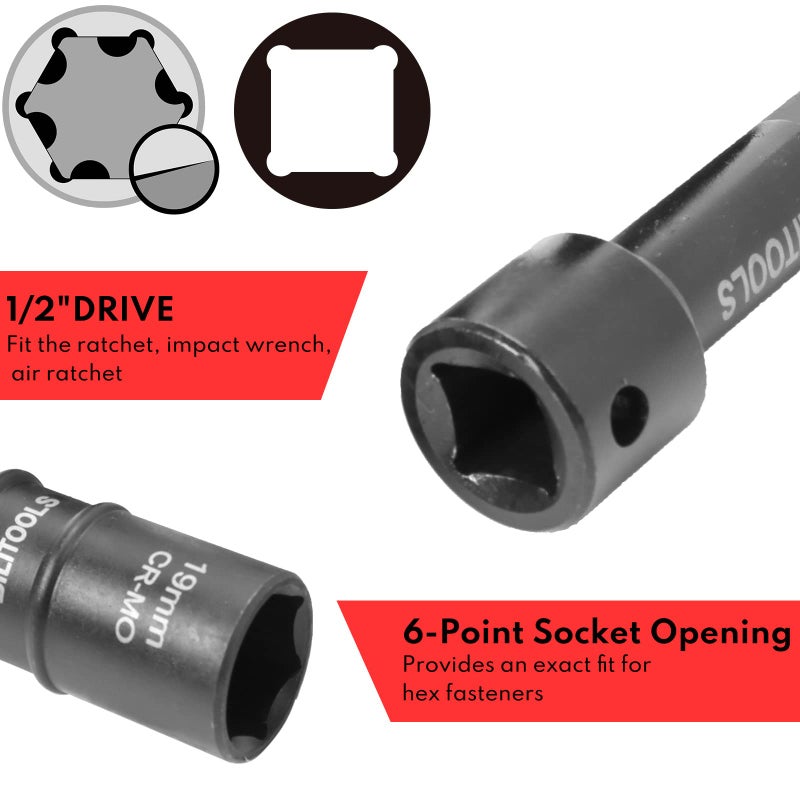 BILITOOLS Lug Nut Impact Socket Set, 1/2 inch Drive Flip Socket Set Metric 17-19 - 21-22 mm & SAE 3/4-13/16-7/8-15/16 inch, Cr-Mo Thin Wall Wheel Protector Nut Socket - Image 5