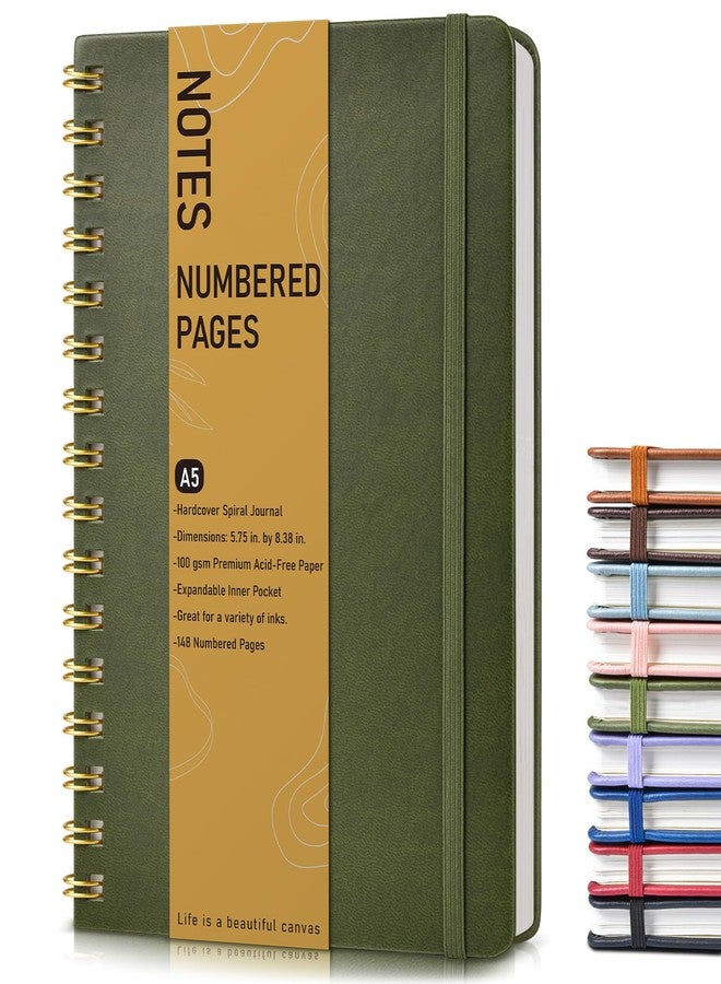 PAPEJOON Lined Spiral Journal Notebook, A5 Hardcover Spiral Journals for Women Men, 150 Numbered Pages Spiral Bound Notebook, 100 GSM College Ruled Notebooks for Work, Note Taking 5.75" x 8.38", Olive Green - Image 1