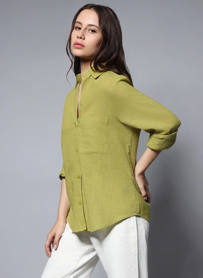 هاي ستار Oversized Green Long Sleeves Casual Shirt for Women
