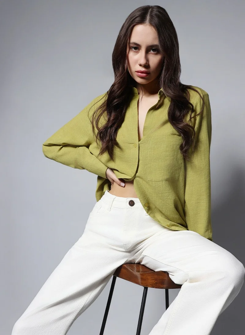HIGH STAR Oversized Green Long Sleeves Casual Shirt for Women