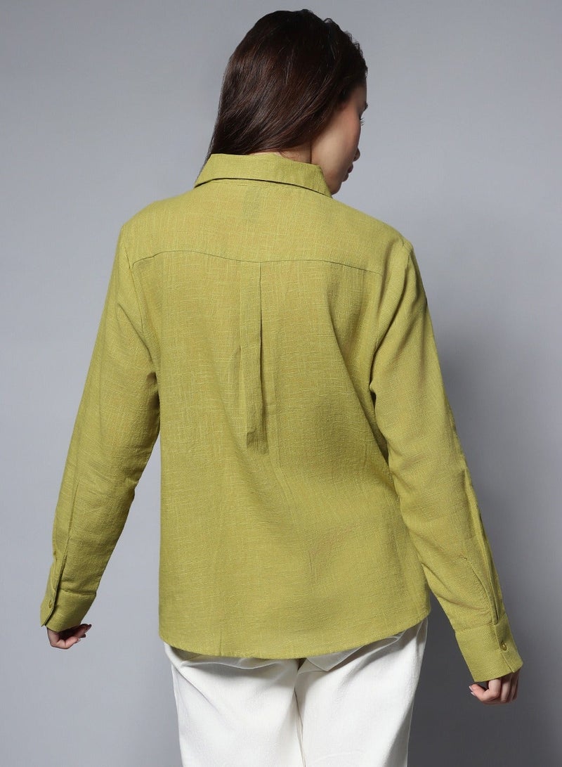 هاي ستار قميص نسائي كاجوال بأكمام طويلة خضراء واسعة - Image 5