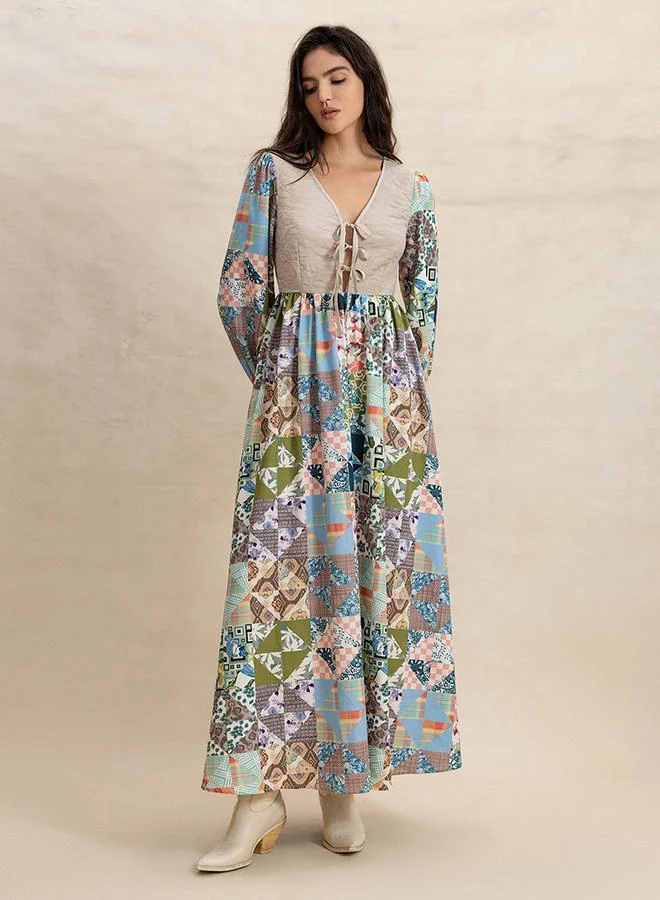 Take Two Women's Floral Printed Tie-Up Front V Neck Patchwork Detail Long Sleeve Maxi Dress