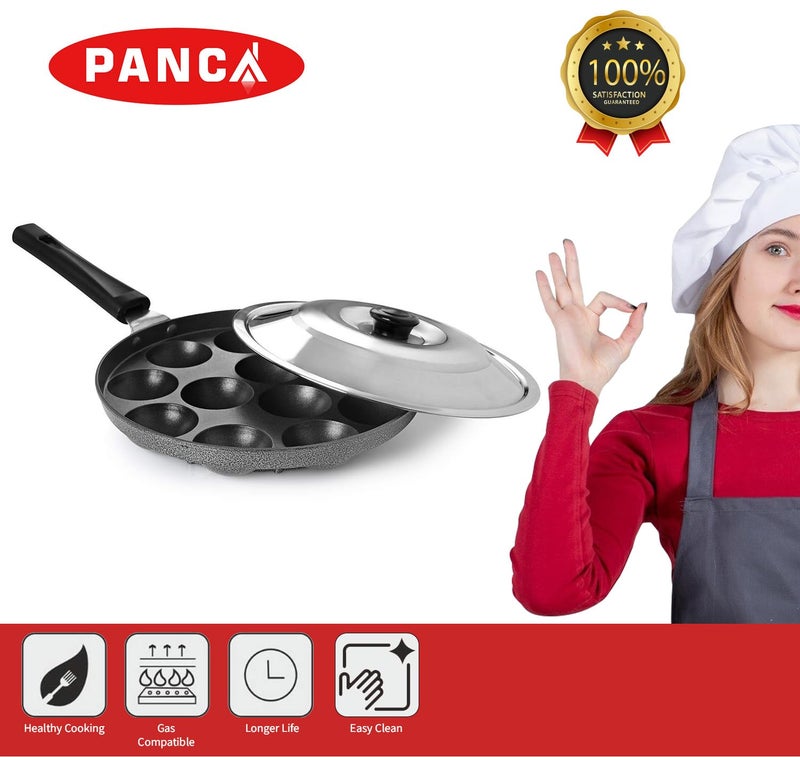 PANCA Non-Stick 12 Cavity Appam Patra with Stainless Steel Lid | Single Handle Paniyaram Pan for Appe, Paddu & Ponganalu | Easy Cooking, Even Heat for Home Kitchens - Image 3