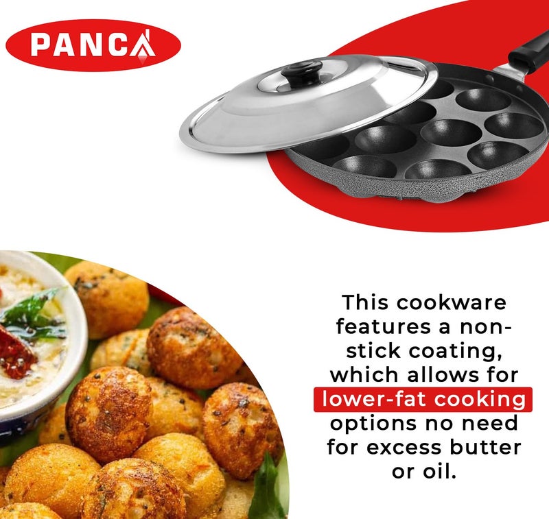 PANCA Non-Stick 12 Cavity Appam Patra with Stainless Steel Lid | Single Handle Paniyaram Pan for Appe, Paddu & Ponganalu | Easy Cooking, Even Heat for Home Kitchens - Image 4