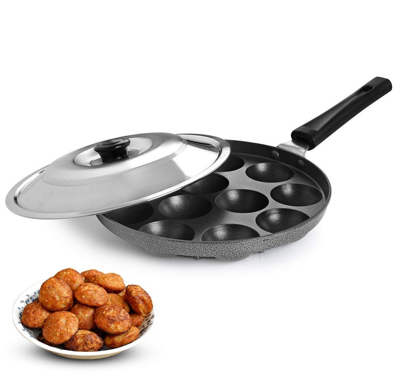 PANCA Non-Stick 12 Cavity Appam Patra with Stainless Steel Lid | Single Handle Paniyaram Pan for Appe, Paddu & Ponganalu | Easy Cooking, Even Heat for Home Kitchens - Image 1