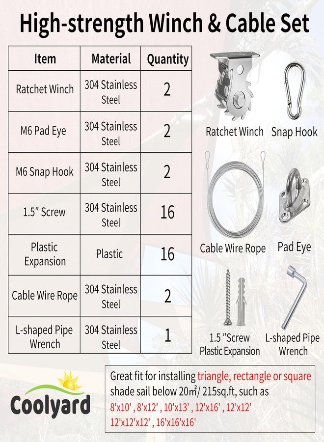 COOLYARD Shade Sail Hardware Kit Ratchet Winch Set Cable Rope Tightener 6 Inch Hanging Kit Pad Eyes Snap Hooks for Rectangle Square Triangle Shade Sail Installation - Image 2